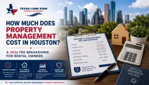 Advertisement for texas lone star property management displaying 'how much does property management cost in houston? ' with a 2026 fee breakdown table, a wooden house model, calculator, and 'rental property success' book, against a houston skyline backdrop.