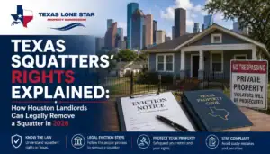 Visual guide explaining texas squatter rights and landlord eviction process in houston for 2026, showing an eviction notice, texas property code book, and a house with a city skyline.