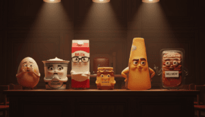 Animated food characters including an egg, milk carton, yogurt cup, honey jar, cheese wedge, and deli meat package in a courtroom setting, representing the debate over food expiration date