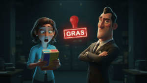 Confused consumer character holding food package in shock while a smug corporate CEO character stands with arms crossed next to a glowing GRAS approval stamp