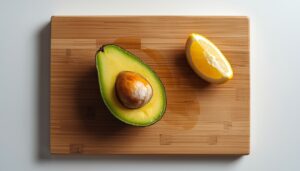 A halved avocado showing bright green flesh, with a lemon wedge on a wooden cutting board and white surface