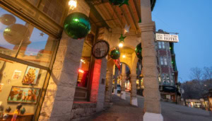 Festive holiday decorations outside Basin Park Hotel in Eureka Springs, Arkansas.