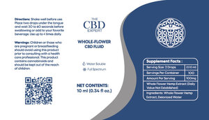 Full product label for The CBD Expert Whole-Flower CBD Fluid, showing supplement facts, 100mg serving size, and ingredients.