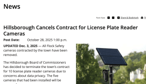 Hillsborough NC Cancels Contract for Flock AI License Plate Readers