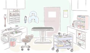 薬の棚やワゴンが置かれた 動物病院の診察室