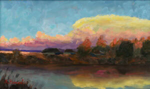Landscape with Clouds original Polish countryside oil painting by Andrea Bocedi, 19 x 33 cm