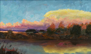 Landscape with Clouds original Polish countryside oil painting by Andrea Bocedi, 19 x 33 cm