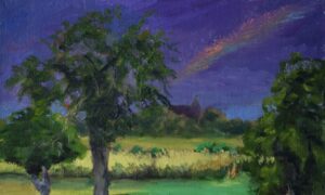 Original oil painting of a Mazovian countryside landscape with trees, green fields and a dramatic stormy purple sky