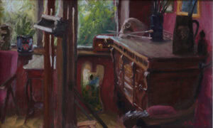 Original oil painting of an artist studio interior with wooden furniture, easel, palette, brushes and natural light from the window
