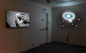 Links im Bild: 'Smart Pantheon' in der Gruppenausstellung 'VARIATION - ArtJaws media art exhibition and fair', Cité Internationale des Arts, Paris, Frankreich 2017.