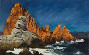 Red Rocks of Arbatax original Sardinia oil painting by Andrea Bocedi, 22.5 x 36 cm