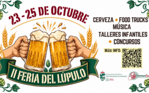 Cartel de la II Feria del Lúpulo de San Fernando de Henares con dos jarras de cerveza brindando