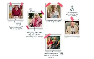 A collage of photos showing elderly clients enjoying activities with their care companions