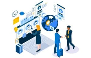 Business professionals analyze global data on screens and a world globe in a modern office.