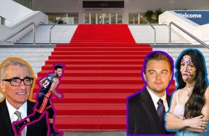 Olivia Rodrigo, Leonardo DiCaprio, and others on top of a red carpet on stairs