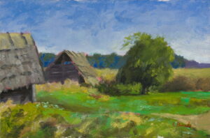 Original plein air oil painting of a rural farm with wooden barns, green meadow and summer sky by Andrea Bocedi.