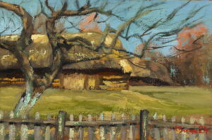 Landscape oil painting of a historic wooden farmhouse in the Lublin countryside with bare trees and spring light.