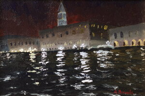 Venice nocturne oil painting of Palazzo Ducale and water reflections by Andrea Bocedi