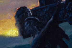 Detail of the dark weathered cross against warm evening light, original oil painting by Andrea Bocedi