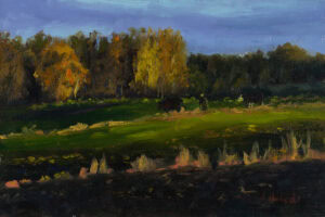 Cattle Grazing original oil painting of cows in a green countryside landscape by Andrea Bocedi, 20 x 30 cm