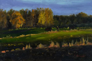 Cattle Grazing original oil painting of cows in a green countryside landscape by Andrea Bocedi, 20 x 30 cm