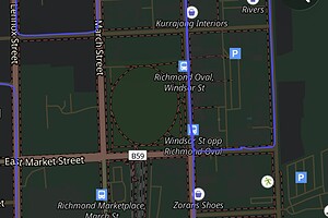 Practical driving test circuit map around Windsor Street, Chapel Street, and the Richmond Oval area.