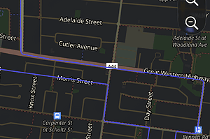Driving test route map outlining the eastern grid near Great Western Highway, Morris Street, Day Street, and Bennett Road.