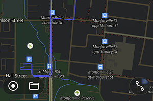 Driving test route map highlighting the southern circuit across Mamre Road, Saddington Street, and Monfarville Street.