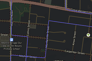 Driving test route map highlighting northern loops near Queen Street, Glossop Street, and Astley Park.