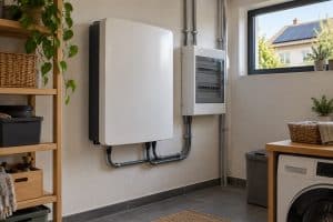 Batterie domestique de stockage installée dans une buanderie avec panneaux solaires visibles à l’extérieur