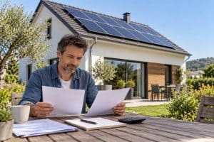 Maison équipée de panneaux solaires avec un propriétaire comparant des documents de contrat