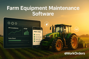 High-resolution banner showing a green tractor in a sunrise field alongside tablet and smartphone interfaces displaying maintenance metrics (PM compliance, MTBF, parts stock) with the eWorkOrders brand.