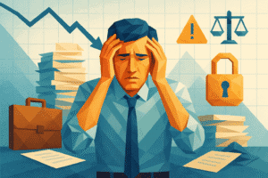 Illustration of a stressed business professional surrounded by compliance and security symbols including a padlock, warning sign, and scales of justice, with stacks of documents and a downward trend line in the background.