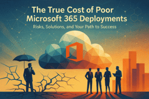 Microsoft 365 logo above cloud with business silhouettes, highlighting deployment risks and solutions.