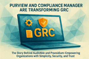 Laptop showing GRC with gear and shield icons, highlighting Purview and Compliance Manager.