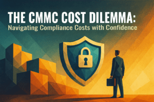 Business figure with briefcase beside shield and lock icon under CMMC cost dilemma title.
