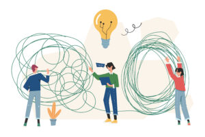 Ilustracja przedstawiająca zespół porządkujący złożony proces zmiany – symboliczne zobrazowanie design thinking, customer experience i zarządzania zmianą w organizacji