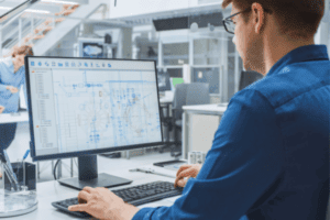 Technician in front of computer designing tomorrow today