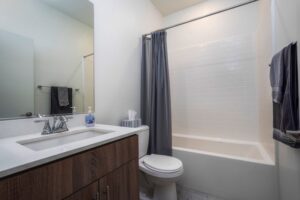 5235 Beachfront Cove Unit 102 featuring a modern vanity with wood-finish cabinets, a large mirror, and a clean shower-tub combination.