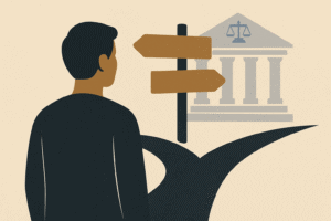 Flat illustration of a young man standing at a crossroads near a courthouse, symbolizing first-time criminal charges and legal decision-making in Nassau County.
