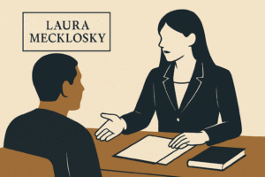Flat illustration of a defense attorney consulting with a client across a desk, symbolizing legal support for domestic violence charges in Nassau County.