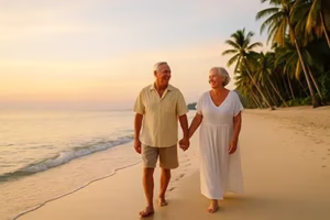 A senior couple enjoying a beach sunset in the Philippines.