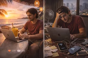 Digital nomad fantasy versus reality in Philippines - split screen comparison