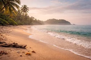 Empty beach on Danjugan Island at sunrise with palm trees and calm waves.