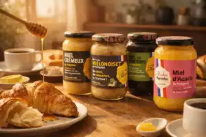 Miels artisanaux du Périgord du Rucher du Marandou servis au petit-déjeuner avec croissant et filet de miel