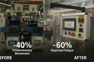 Before and after comparison of HMI mounting in an industrial plant, showing improved ergonomics and accessibility with swing arm support systems.