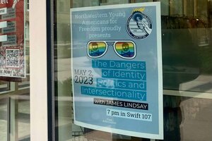 Poster for the event with a pride flag and skull and cross bones. Reads "The Dangers of Identity Politics and Intersectionality"