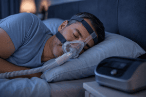 Man sleeping on his side while wearing a CPAP mask connected to a CPAP machine.