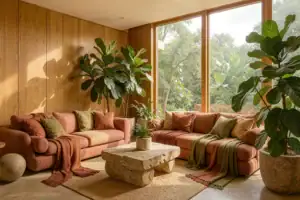 Sonnendurchflutetes Wohnzimmer im Biophilic Design mit Holz und Pflanzen