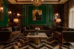 Elegantes Neo Deco Wohnzimmer mit smaragdgrüner Wand, Messing- und Marmordetails